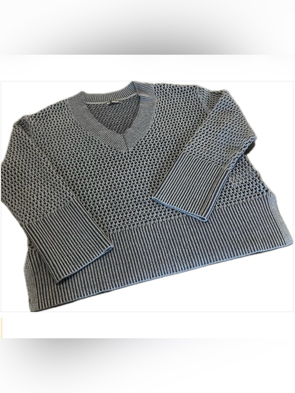 Gap 24/7 Blue Grey Crochet Knit V-Neck Sweater Women’s Medium 100% Cotton